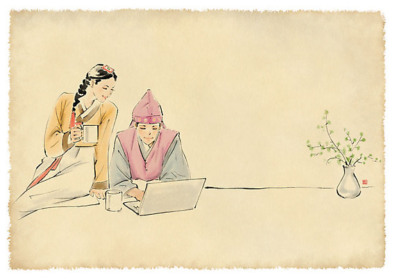 PSD 한국전통 부부 응시 여자 남자 커피 일러스트 캘리그라피 붓터치 수묵화 사람 상반신 성인 두명 노트북 꽃병 머그컵 한복 성인만 국내일러스트 전통 커플 시선 꽃 음료 한국 미술 컵 전자제품 전통의상 파일형식