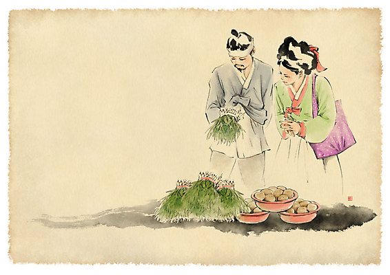 PSD 한국전통 부부 여자 남자 채소 일러스트 캘리그라피 붓터치 감자 수묵화 사람 상반신 성인 두명 장보기 한복 장바구니 쪽파 성인만 국내일러스트 전통 커플 한국 미술 쇼핑 바구니 전통의상 파 파일형식