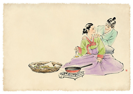 전신 PSD 한국전통 부부 여자 남자 일러스트 캘리그라피 붓터치 수묵화 미소 사람 성인 두명 마주보기 다정 프라이팬 한복 버너 부침개 성인만 국내일러스트 전통 커플 한식 컨셉 모션 주방용품 한국 표정 미술 전통의상 파일형식