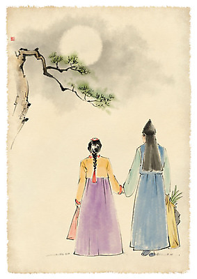 전신 PSD 한국전통 부부 응시 여자 남자 일러스트 캘리그라피 붓터치 수묵화 서기 사람 성인 두명 손잡기 달 나뭇가지 한복 성인만 국내일러스트 자연요소 나무 전통 커플 시선 모션 한국 미술 전통의상 파일형식