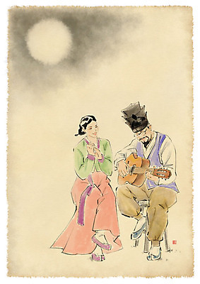 전신 PSD 한국전통 부부 여자 남자 행복 연주 일러스트 캘리그라피 남편 붓터치 수묵화 미소 사람 앉기 성인 두명 다정 기타 달밤 아내 한복 성인만 국내일러스트 전통 커플 감정 음악 컨셉 모션 현악기 한국 표정 미술 전통의상 파일형식