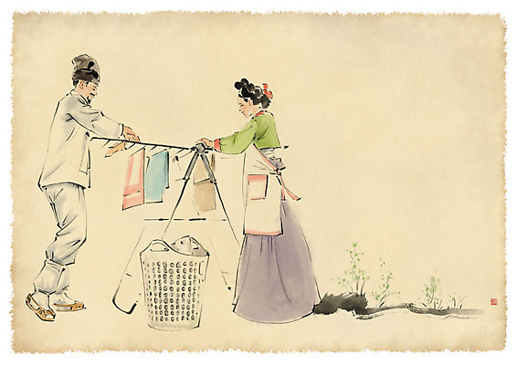 전신 PSD 한국전통 부부 여자 남자 가사 일러스트 캘리그라피 붓터치 수묵화 사람 성인 두명 앞치마 도움 한복 빨래널기 빨래바구니 성인만 국내일러스트 전통 커플 컨셉 한국 미술 바구니 빨래 전통의상 파일형식