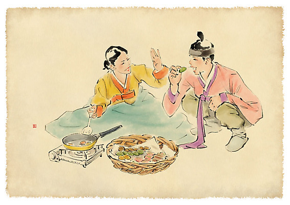 전신 PSD 한국전통 부부 여자 남자 일러스트 캘리그라피 남편 붓터치 수묵화 사람 성인 두명 아내 프라이팬 한복 전 먹기 버너 요리중 성인만 국내일러스트 전통 커플 음식 모션 주방용품 한국 미술 전통의상 파일형식