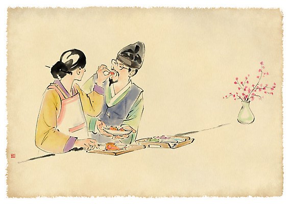 PSD 한국전통 부부 여자 남자 음식 일러스트 캘리그라피 남편 붓터치 도마 수묵화 사람 상반신 성인 두명 꽃병 다정 아내 한복 먹여주기 성인만 국내일러스트 전통 커플 꽃 컨셉 주방용품 한국 미술 전통의상 먹기 파일형식