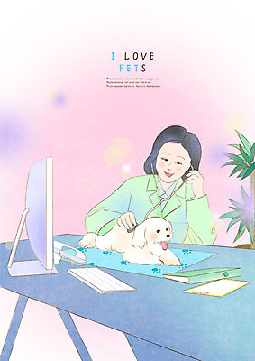 PSD 한마리 여자 반려견 일러스트 청진기 한명 미소 사람 상반신 성인 반려동물 컴퓨터 진료 강아지 수의사 반려 성인여자한명만 국내일러스트 동물 1 의학 의료기기 표정 전자제품 의사 개 여자한명만 성인여자만 파일형식