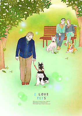 전신 PSD 나무 부부 응시 공원 여자 남자 반려견 중년 벤치 일러스트 세마리 미소 사람 앉기 세명 반려동물 걷기 산책 강아지 목줄 반려 국내일러스트 식물 동물 커플 시선 공공시설 의자 모션 휴식 표정 3 성인 개 파일형식 반려용품