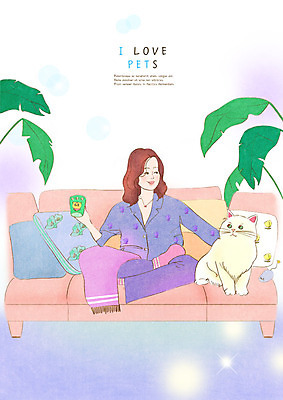 전신 PSD 한마리 여자 여유 쿠션 일러스트 한명 미소 사람 앉기 성인 반려동물 소파 고양이 잠옷 편안함 반려 열대잎 성인여자한명만 쓰다듬기 국내일러스트 동물 1 옷 감정 잎 의자 포유류 모션 표정 감각 여자한명만 성인여자만 파일형식