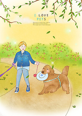 전신 PSD 한마리 공원 남자 꽃 반려견 어린이 일러스트 한명 미소 사람 반려동물 산책 나뭇가지 개 즐거움 목줄 원반 공원길 반려 원반던지기 소년한명만 국내일러스트 나무 식물 동물 1 공공시설 감정 길 스포츠용품 포유류 휴식 표정 남자한명만 소년만 파일형식 반려용품