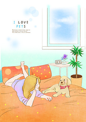 전신 PSD 한마리 여자 행복 화분 반려견 엎드리기 일러스트 베개 사랑 한명 미소 사람 성인 반려동물 마주보기 침대 강아지 반려 성인여자한명만 국내일러스트 동물 1 감정 가구 침구 모션 표정 개 여자한명만 성인여자만 파일형식