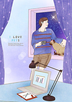 PSD 한마리 응시 남자 일러스트 창문 전등 사랑 한명 미소 사람 상반신 성인 노트북 반려동물 보라색 고양이 기댐 커튼 커피잔 반려 성인남자한명만 쓰다듬기 국내일러스트 동물 1 시선 감정 커피 컬러 포유류 모션 조명 잔 표정 전자제품 남자한명만 성인남자만 파일형식