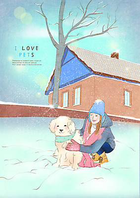 전신 PSD 나무 한마리 응시 여자 반려견 겨울 일러스트 주택 털모자 한명 미소 사람 성인 반려동물 설원 목도리 눈 털장갑 반려 성인여자한명만 쓰다듬기 국내일러스트 자연요소 식물 동물 모자_잡화 1 시선 잡화 계절 장갑 모션 날씨 눈_날씨 표정 건물 개 여자한명만 성인여자만 파일형식