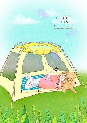 전신 PSD 한마리 여자 반려견 일러스트 텐트 사랑 한명 사람 잔디 성인 스마트폰 반려동물 눕기 소풍 기댐 개 셀프카메라 즐거움 반려 성인여자한명만 국내일러스트 식물 동물 1 감정 포유류 모션 캠핑도구 핸드폰 스마트기기 야외활동 사진촬영 여자한명만 성인여자만 파일형식