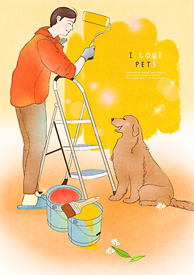 전신 PSD 한마리 남자 반려견 일러스트 사다리 사랑 한명 미소 사람 성인 반려동물 페인트 색칠 개 즐거움 페인트통 페인트붓 반려 성인남자한명만 국내일러스트 동물 1 감정 포유류 통 표정 도구 붓 남자한명만 성인남자만 파일형식