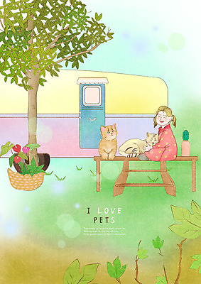 전신 PSD 나무 여자 꽃 화분 어린이 두마리 일러스트 한명 미소 사람 앉기 잔디 반려동물 고양이 즐거움 평상 캠핑카 반려 소녀한명만 국내일러스트 식물 동물 1 감정 2 포유류 모션 자동차 표정 여자한명만 소녀만 파일형식