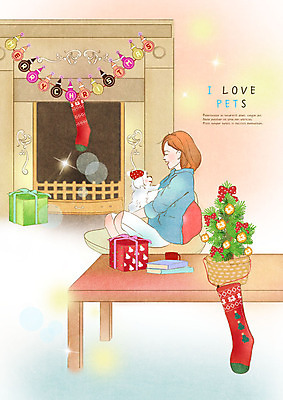 전신 PSD 한마리 여자 반려견 겨울 일러스트 안기 탁자 선물 한명 미소 사람 성인 책 선물상자 반려동물 크리스마스트리 강아지 벽난로 크리스마스양말 가랜드 국내일러스트 동물 1 계절 가구 크리스마스장식 크리스마스 모션 양말 표정 상자 개 파티용품 파일형식