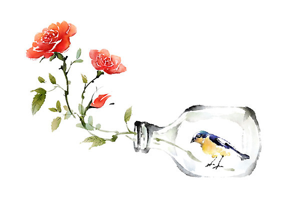 PSD 한마리 꽃 일러스트 캘리그라피 조류 붓터치 수채화 사람없음 장미 꽃병 번짐 국내일러스트 식물 동물 1 파일형식 효과