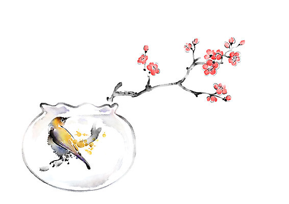 PSD 한마리 일러스트 캘리그라피 조류 붓터치 수채화 사람없음 꽃병 번짐 꽃가지 국내일러스트 동물 1 꽃 나뭇가지 파일형식 효과