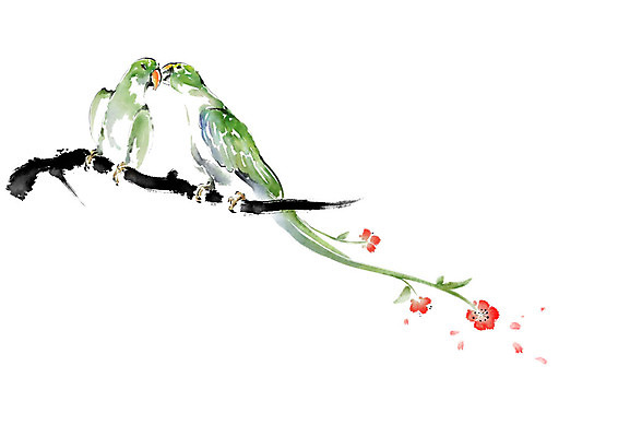 PSD 꽃 두마리 일러스트 캘리그라피 조류 붓터치 수채화 사람없음 빨간색 초록색 나뭇가지 앵무새 번짐 국내일러스트 나무 식물 동물 컬러 2 파일형식 효과