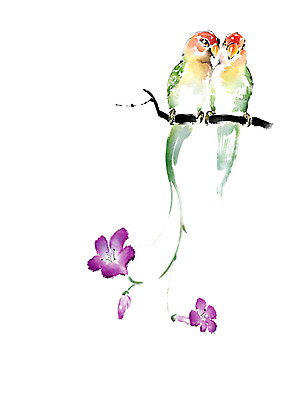 PSD 꽃 두마리 일러스트 캘리그라피 조류 붓터치 수채화 앉기 사람없음 보라색 나뭇가지 번짐 국내일러스트 나무 식물 동물 컬러 2 모션 파일형식 효과