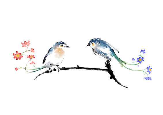 PSD 응시 꽃 두마리 일러스트 캘리그라피 조류 붓터치 수채화 앉기 사람없음 나뭇가지 번짐 국내일러스트 나무 식물 동물 시선 2 모션 파일형식 효과