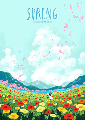 PSD 구름 계절 여자 꽃잎 꽃 호수 어린이 백그라운드 꽃밭 일러스트 하늘 산 한명 사람 소녀 초원 상반신 파란색 봄 벚꽃 낙화 흩날리기 봄배경 국내일러스트 자연요소 식물 1 컬러 모션 파일형식