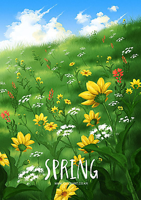 PSD 구름 계절 꽃잎 꽃 백그라운드 일러스트 하늘 바람 초원 사람없음 초록색 봄 동산 봄배경 국내일러스트 자연요소 식물 컬러 날씨 파일형식