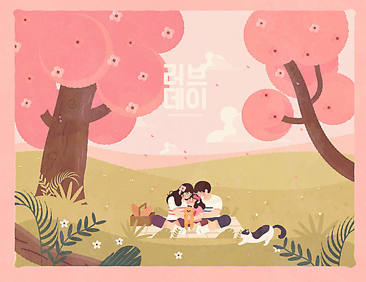 전신 여자 남자 꽃잎 꽃 행복 어린이 분홍색 두마리 일러스트 가족 안기 사랑 사람 소녀 성인 세명 반려동물 소풍 고양이 봄 벚꽃 강아지 낙화 반려 국내일러스트 AI파일 식물 동물 계절 감정 컬러 2 포유류 관계 모션 야외활동 개 파일형식 벡터