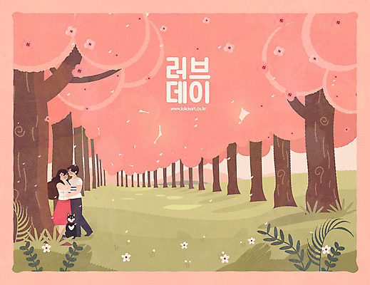 전신 나무 커플 여자 남자 꽃 반려견 분홍색 여행 잎 일러스트 안기 사랑 사람 성인 두명 반려동물 봄 벚꽃 강아지 풀기 성인만 국내일러스트 AI파일 식물 동물 계절 감정 컬러 관계 모션 개 파일형식 벡터