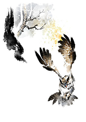 PSD 나무 한마리 겨울 일러스트 캘리그라피 붓터치 사람없음 갈색 검은색 나뭇가지 비행 번짐 부엉이 국내일러스트 식물 1 계절 컬러 조류 파일형식 효과