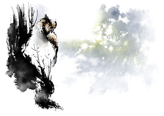 PSD 나무 한마리 응시 겨울 일러스트 캘리그라피 밤하늘 붓터치 사람없음 갈색 검은색 번짐 부엉이 국내일러스트 식물 1 시선 계절 컬러 조류 하늘 야간 파일형식 효과