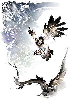 PSD 나무 한마리 겨울 일러스트 캘리그라피 붓터치 사람없음 갈색 검은색 비행 눈 번짐 부엉이 눈보라 국내일러스트 자연요소 식물 1 계절 컬러 조류 날씨 눈_날씨 파일형식 효과