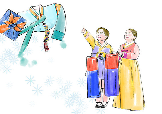 전신 PSD 전통 여자 명절 남자 어린이 일러스트 장신구 가족 전등 수채화 선물 미소 사람 풍경 두명 컬러풀 설날 한국인 가리킴 보자기 한복 청사초롱 어린이만 설선물 국내일러스트 한국전통 기념일 컬러 관계 조명 표정 동양인 손짓 전통의상 초롱 파일형식 천_직물 명절선물