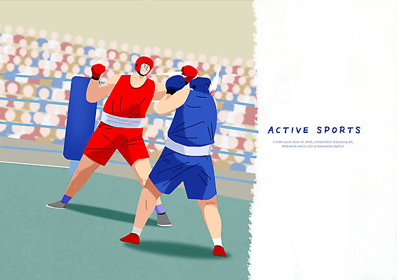 전신 PSD 남자 스포츠 일러스트 모션 건강 사람 성인 두명 빨간색 파란색 운동 경쟁 경기장 권투 권투장 권투글러브 군중 즐거움 객석 사각링 국내일러스트 감정 컬러 컨셉 스포츠시설 격투기 글러브 파일형식
