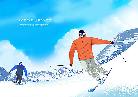 전신 PSD 구름 남자 스포츠 겨울 일러스트 모션 하늘 스키 겨울스포츠 산 건강 사람 성인 두명 파란색 운동 눈 즐거움 국내일러스트 자연요소 계절 감정 컬러 날씨 파일형식