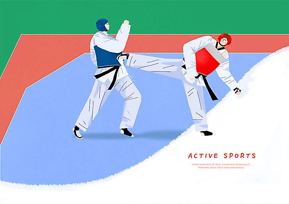 전신 PSD 남자 스포츠 일러스트 모션 건강 사람 성인 두명 빨간색 파란색 운동 경쟁 경기장 킥 즐거움 태권도 국내일러스트 감정 컬러 컨셉 스포츠시설 격투기 파일형식