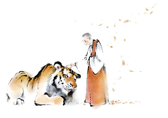 전신 PSD 한마리 남자 불교 일러스트 캘리그라피 붓터치 한명 서기 미소 사람 성인 호랑이 승려 번짐 승복 위로 쓰다듬기 국내일러스트 1 종교 포유류 모션 표정 성직자 파일형식 효과