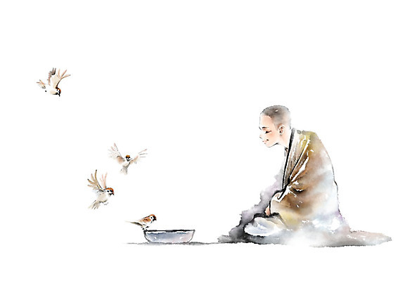 전신 PSD 그릇 남자 불교 여러마리 일러스트 캘리그라피 붓터치 한명 미소 사람 앉기 성인 승려 번짐 참새 승복 위로 모이주기 국내일러스트 1 식기 종교 다수 모션 조류 표정 성직자 파일형식 효과