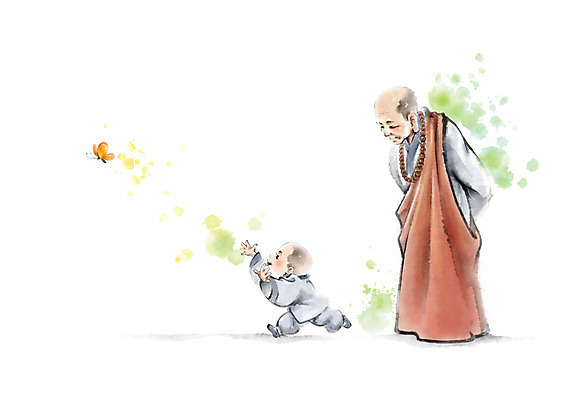 전신 PSD 한마리 응시 노년 남자 어린이 나비 불교 일러스트 캘리그라피 붓터치 사람 두명 달리기 승려 뒷짐 동자승 번짐 승복 위로 천진난만 국내일러스트 1 시선 종교 곤충 컨셉 모션 성인 성직자 파일형식 효과