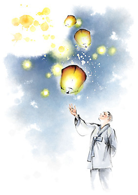 PSD 응시 남자 불교 일러스트 캘리그라피 하늘 붓터치 날리기 한명 미소 사람 상반신 성인 빛 승려 연등 번짐 승복 위로 풍등 국내일러스트 1 시선 종교 모션 조명 표정 등불 성직자 불교용품 파일형식 효과