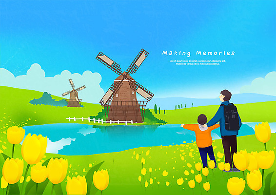 전신 PSD 남자 호수 어린이 여행 꽃밭 일러스트 배낭 자연 사람 성인 두명 풍차 튤립 세계여행 추억 즐거움 부자지간 국내일러스트 꽃 감정 아들 컨셉 가방 가족 세계 아빠 생태계 파일형식