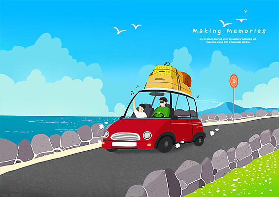 PSD 구름 남자 도로 어린이 바다 여행 일러스트 자동차 갈매기 하늘 사람 상반신 성인 해변 두명 드라이브 짐 세계여행 추억 즐거움 해안도로 부자지간 국내일러스트 자연요소 감정 길 아들 육상교통 컨셉 가족 교통시설 조류 세계 운전 아빠 파일형식