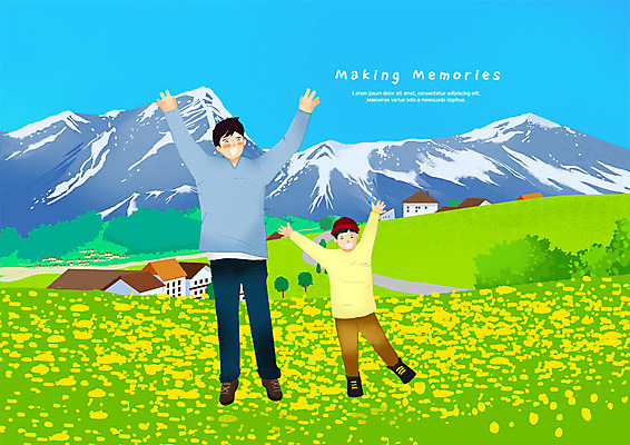전신 PSD 남자 어린이 여행 꽃밭 일러스트 유럽풍경 산 주택 사람 초원 성인 두명 만세 세계여행 추억 즐거움 알프스 부자지간 국내일러스트 꽃 감정 유럽 아들 컨셉 가족 모션 풍경 건물 세계 아빠 파일형식