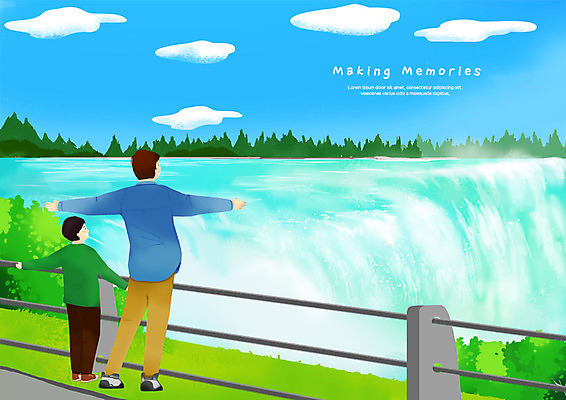 전신 PSD 구름 남자 어린이 여행 일러스트 자연 하늘 팔벌리기 사람 성인 두명 관광지 폭포 세계여행 추억 큼 국내일러스트 자연요소 컨셉 모션 세계 크기 생태계 파일형식