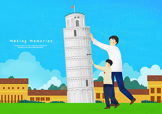 전신 PSD 남자 어린이 여행 일러스트 사람 초원 성인 두명 건물 세계여행 추억 밀기 즐거움 피사의사탑 부자지간 국내일러스트 건축물 감정 아들 컨셉 가족 모션 세계 이탈리아 세계문화유산 아빠 파일형식