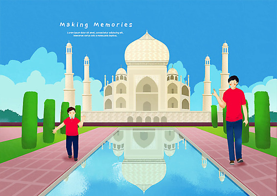 전신 PSD 남자 어린이 여행 일러스트 사람 성인 두명 걷기 궁전 세계여행 추억 타지마할 부자지간 국내일러스트 아들 컨셉 고건축 가족 모션 세계 세계문화유산 아빠 인도 파일형식