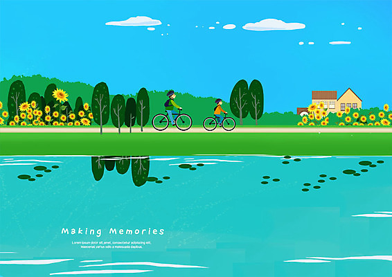 전신 PSD 나무 남자 호수 어린이 여행 일러스트 자연 해바라기 주택 사람 성인 두명 강 자전거 세계여행 강가 국내일러스트 식물 꽃 건물 세계 바이크 생태계 파일형식