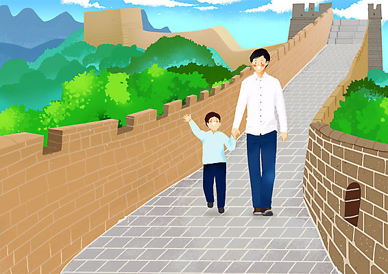 전신 PSD 남자 어린이 여행 일러스트 사람 성인 두명 걷기 손잡기 세계여행 만리장성 부자지간 국내일러스트 아들 가족 모션 세계 중국 세계문화유산 성 아빠 파일형식