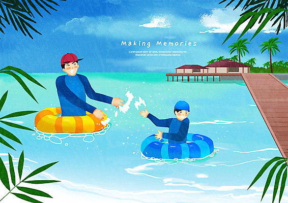 PSD 구름 남자 어린이 바다 여행 일러스트 자연 물놀이 하늘 사람 상반신 성인 해변 두명 야자수 세계여행 추억 즐거움 튜브 방갈로 부자지간 국내일러스트 자연요소 나무 감정 아들 컨셉 가족 놀이 숙소 세계 아빠 생태계 파일형식