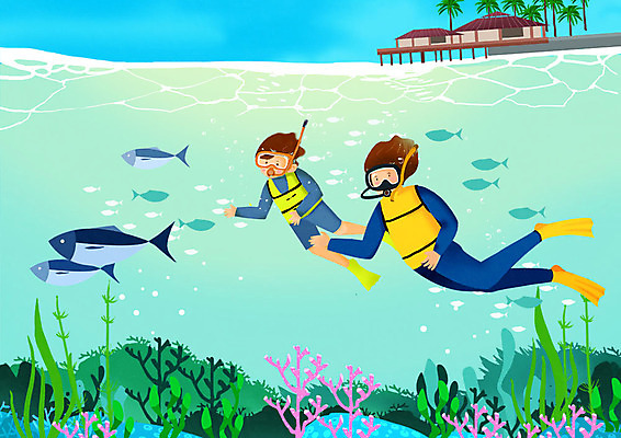 전신 PSD 남자 어린이 바다 여행 일러스트 어류 사람 성인 두명 야자수 바닷속 세계여행 산호초 열대어 스쿠버다이빙 방갈로 스노클링용품 국내일러스트 나무 스포츠용품 숙소 세계 수중 수중동물 수상스포츠 스노클링 수중식물 파일형식