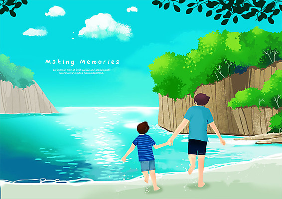 전신 PSD 남자 어린이 바다 여행 일러스트 자연 사람 성인 해변 두명 달리기 손잡기 세계여행 추억 즐거움 국내일러스트 감정 컨셉 모션 세계 생태계 파일형식